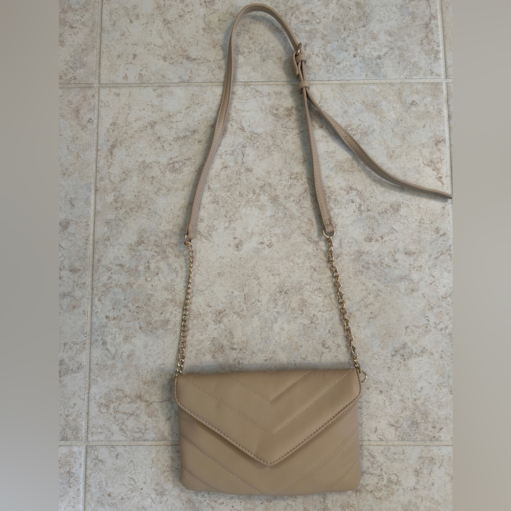 Quilted Crossbody Bag, Gold Chain Hardware, Beige/Neutral